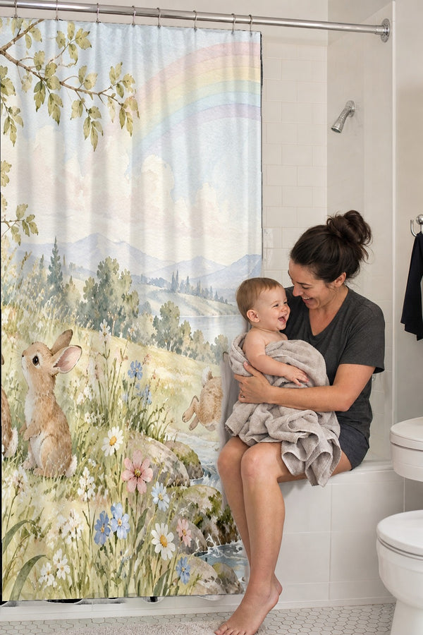 Mom holding her baby on the tub edge next to the Rainbow Meadow Bunny shower curtain
