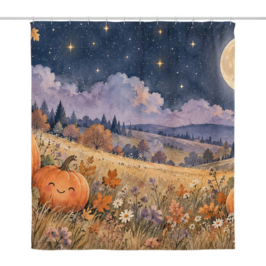 Pumpkin Moon Halloween shower curtain, full front view of the 71 x 74 in fabric curtain