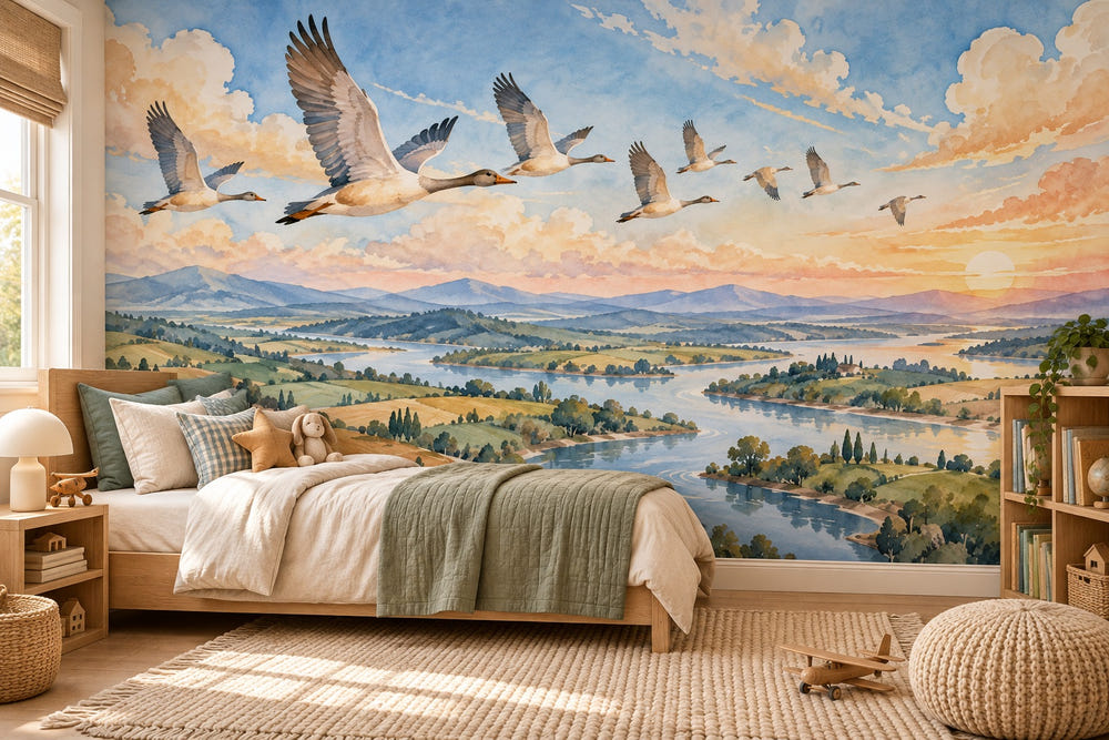 Watercolor Migratory Birds Wall Mural, image 1