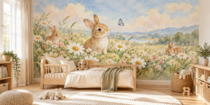 Watercolor Daisy Meadow Bunny Wall Mural, image 2