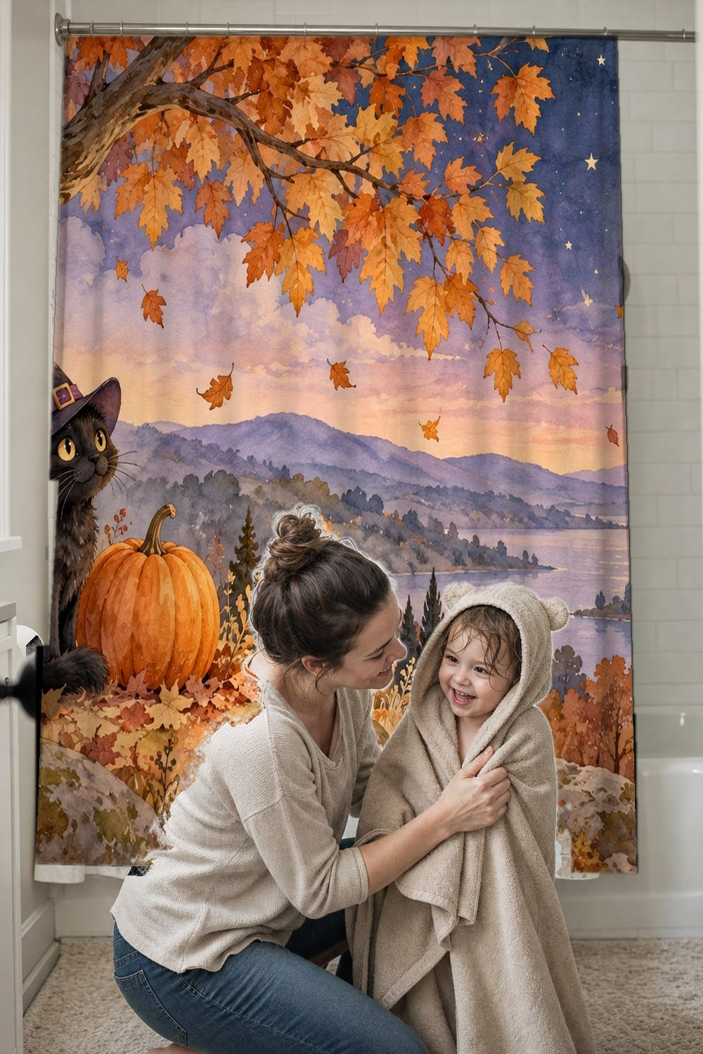 Black Cat Halloween shower curtain, full front view of the 71 x 74 in fabric curtain