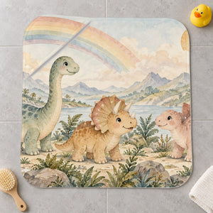 Rainbow Dinosaurs kids hooded bath towel laid flat