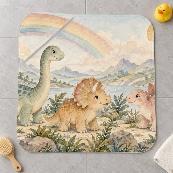 Rainbow Dinosaurs kids hooded bath towel laid flat
