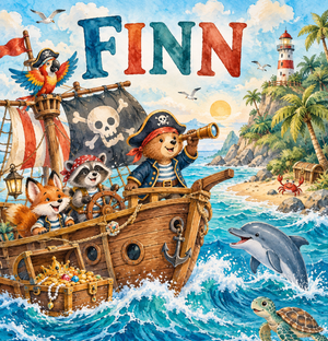 Pirate Adventure watercolor artwork with the name Finn