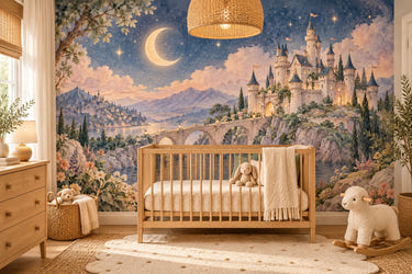 Watercolor Moonlit Castle Fairy Tale Wall Mural, image 1
