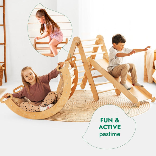 4in1 Montessori Climbing Set: Triangle Ladder + Climbing Arch + Slide Board & Cushion – Beige