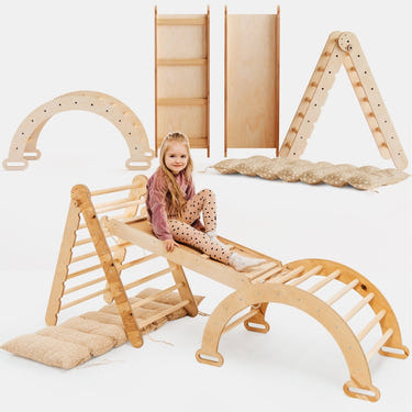 4in1 Montessori Climbing Set in beige: Triangle ladder, climbing arch, slide board, and cushion for playful learning.