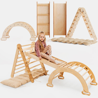 4in1 Montessori Climbing Set: Triangle Ladder + Climbing Arch + Slide Board & Cushion – Beige