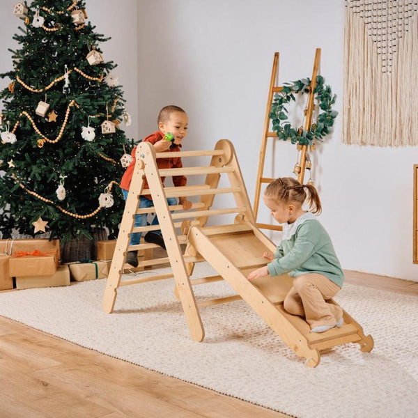 4in1 Montessori Climbing Set: Triangle Ladder + Climbing Arch + Slide Board & Cushion – Beige