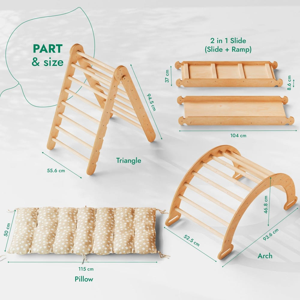 4in1 Montessori Climbing Set in beige: Triangle ladder, climbing arch, slide board, and cushion for playful learning.