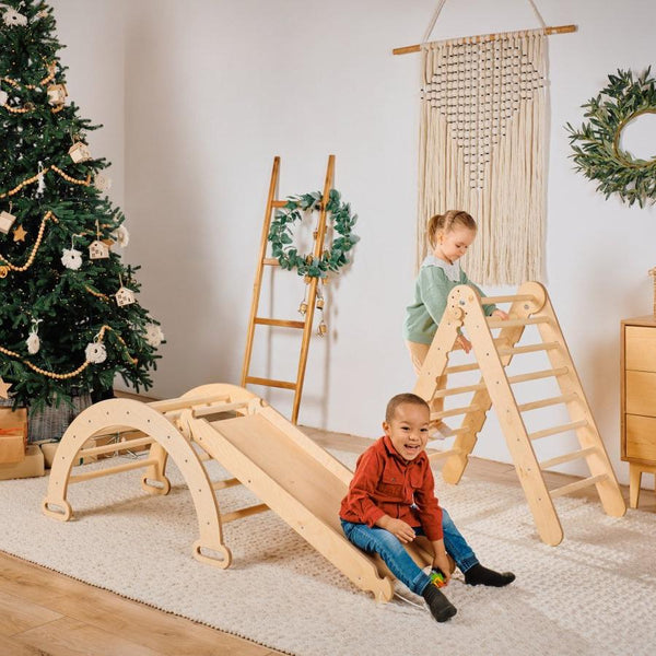 4in1 Montessori Climbing Set: Triangle Ladder + Climbing Arch + Slide Board & Cushion – Beige