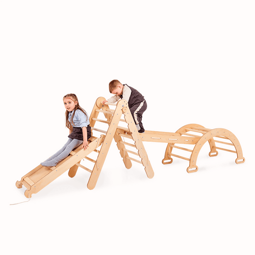 4in1 Montessori Climbing Set in beige: Triangle ladder, climbing arch, slide board, and net for active play.
