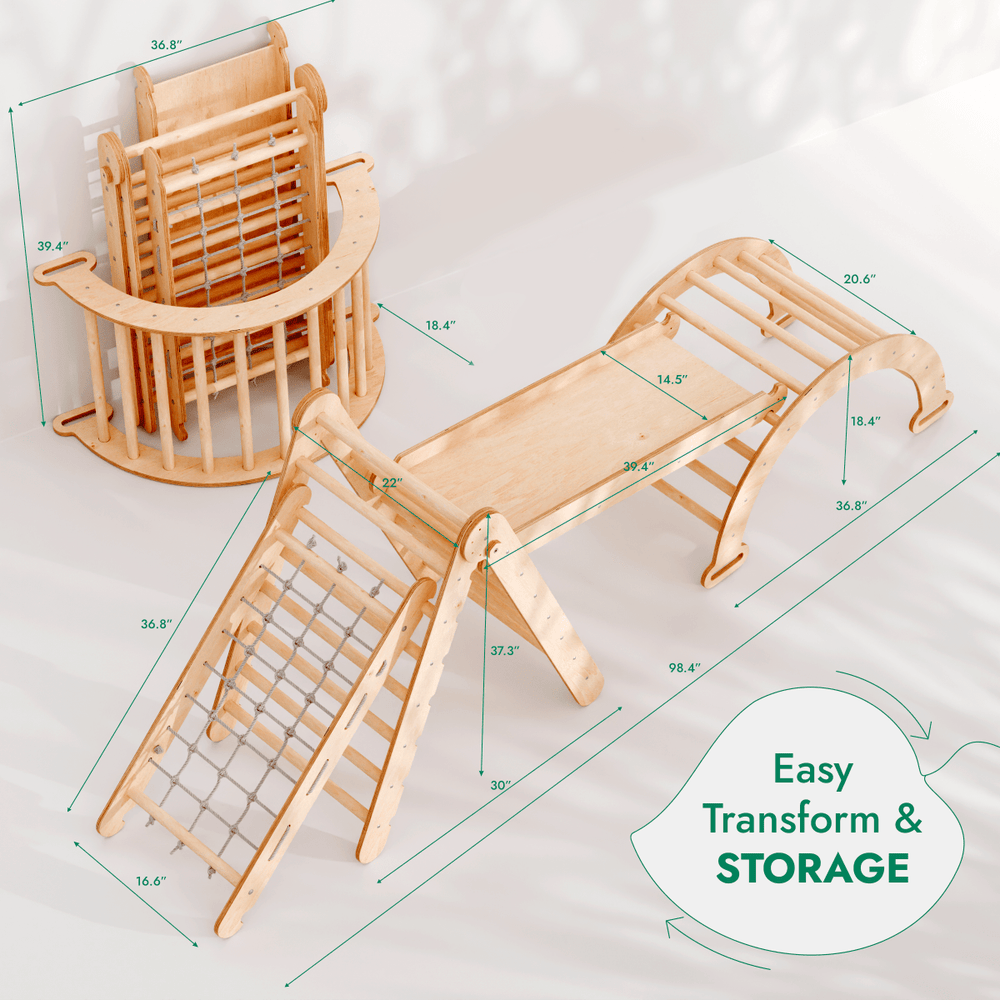 4in1 Montessori Climbing Set in beige: Triangle ladder, climbing arch, slide board, and net for active play.