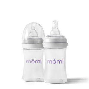 mōmi breast-like bottle 2-sets, 4oz, angled view showcasing ergonomic design for comfortable feeding.