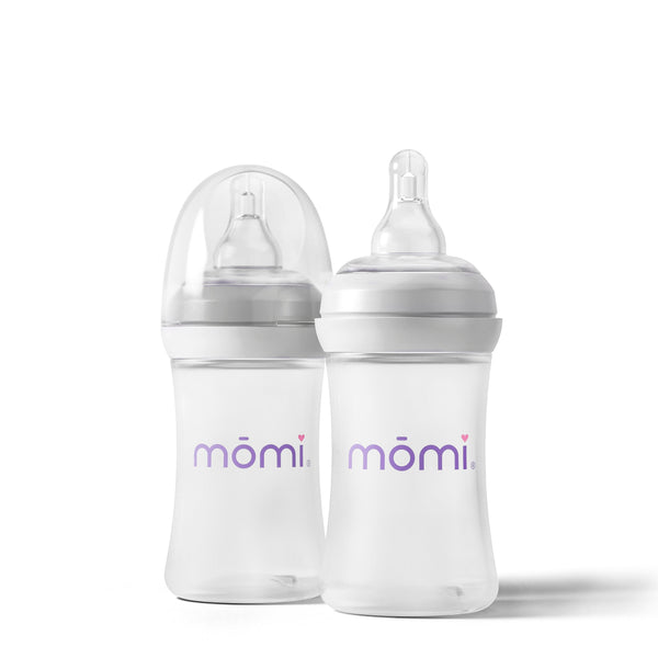 mōmi breast-like bottle 2-sets, 4oz, angled view showcasing ergonomic design for comfortable feeding.