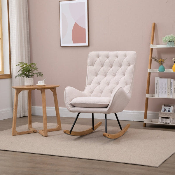 HOMCOM Mid-Century Fabric Nursery Rocker in Cream White