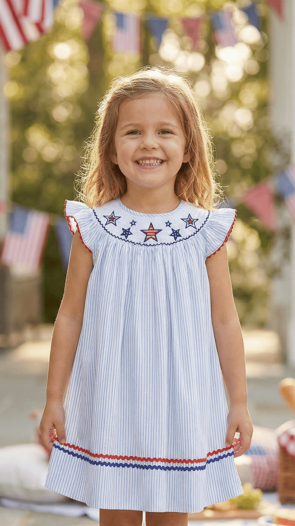 4th of July blue striped stars smocked bishop dress for babies, perfect for festive celebrations.