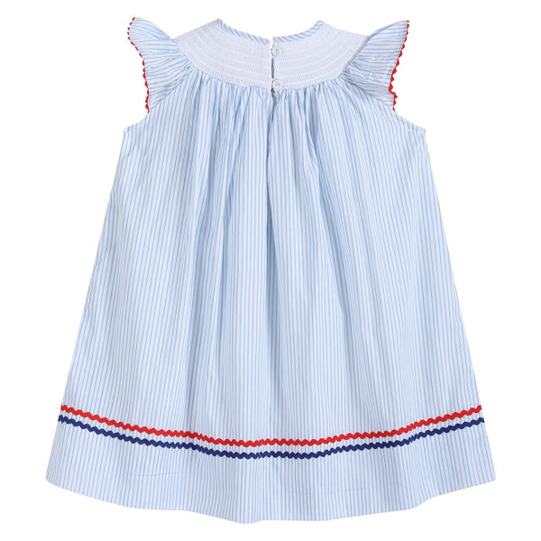 4th of July Blue Striped Stars Smocked Bishop Dress