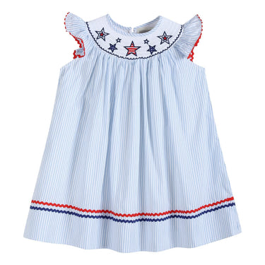4th of July blue striped stars smocked bishop dress for babies, perfect for festive celebrations.