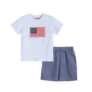 4th of July Royal Blue Gingham American Flag Shirt and Shorts Set