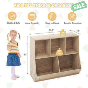5-Cube Wooden Kids Toy Storage Organizer with Anti-Tipping Kits-Natural Natural Kids Storage