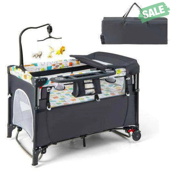 5-in-1 Baby Nursery Center Foldable Toddler Bedside Crib with Music Box-Gray Gray Baby Playpen & Playards