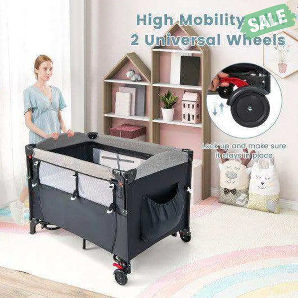 5-in-1 Baby Nursery Center Foldable Toddler Bedside Crib with Music Box-Gray Gray Baby Playpen & Playards