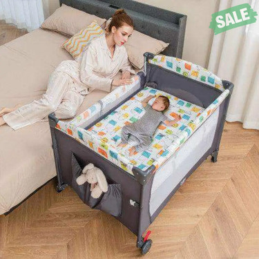 5-in-1 Baby Nursery Center Foldable Toddler Bedside Crib with Music Box-Gray Gray Baby Playpen & Playards