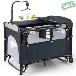 5-in-1 Baby Nursery Center Foldable Toddler Bedside Crib with Music Box-Gray Gray Baby Playpen & Playards