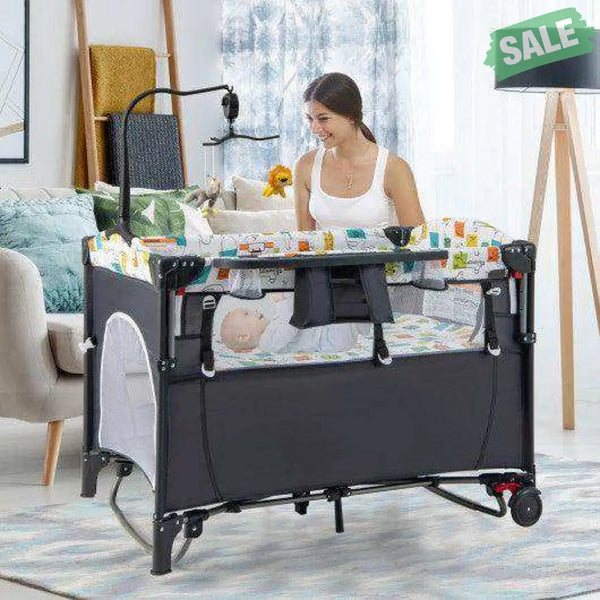 5-in-1 Baby Nursery Center Foldable Toddler Bedside Crib with Music Box-Gray Gray Baby Playpen & Playards