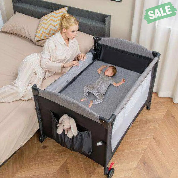 5-in-1 Baby Nursery Center Foldable Toddler Bedside Crib with Music Box-Gray Gray Baby Playpen & Playards