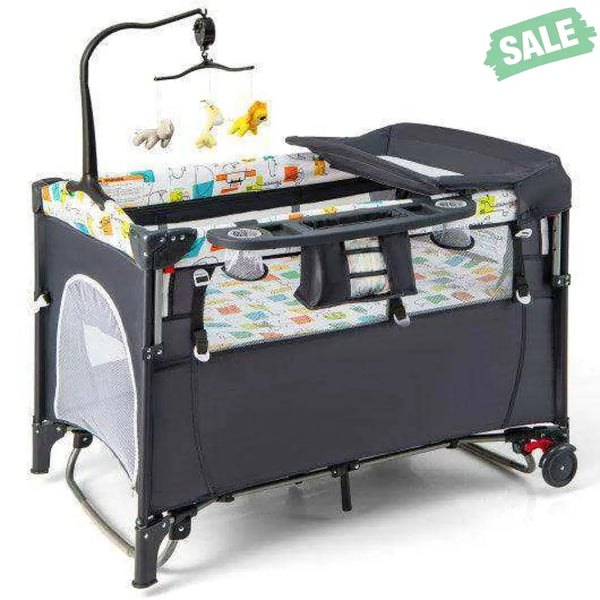 5-in-1 Baby Nursery Center Foldable Toddler Bedside Crib with Music Box-Gray Gray Baby Playpen & Playards
