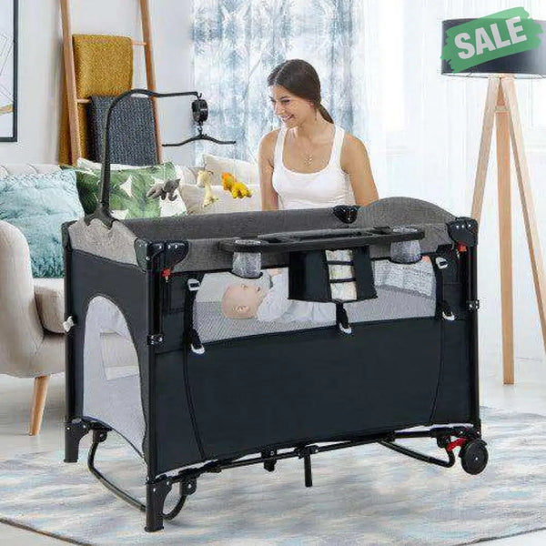 5-in-1 Baby Nursery Center Foldable Toddler Bedside Crib with Music Box-Gray Gray Baby Playpen & Playards