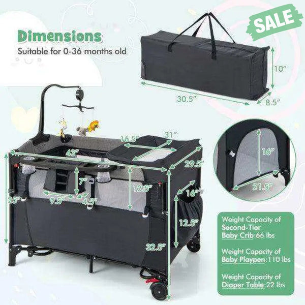 5-in-1 Baby Nursery Center Foldable Toddler Bedside Crib with Music Box-Gray Gray Baby Playpen & Playards