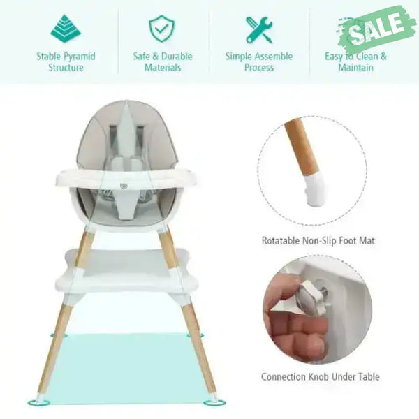 5-in-1 Baby Wooden Convertible High Chair -Gray Gray High Chairs