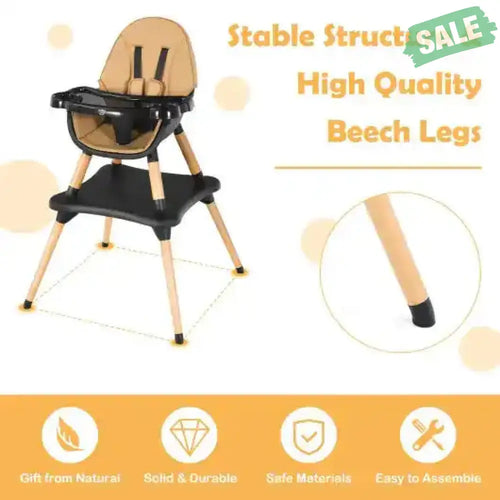 5-in-1 Baby Wooden Convertible High Chair -Gray Light Brown High Chairs