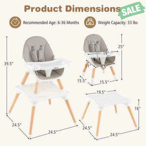 5-in-1 Baby Wooden Convertible High Chair -Gray