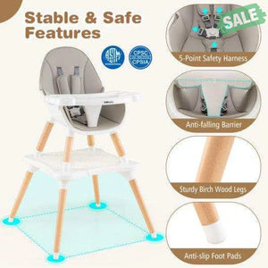 5-in-1 Baby Wooden Convertible High Chair -Gray