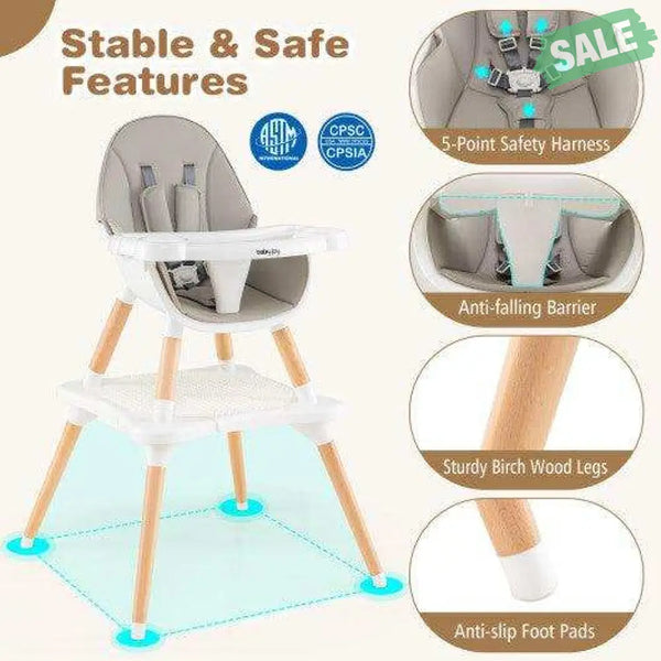 5-in-1 Baby Wooden Convertible High Chair -Gray