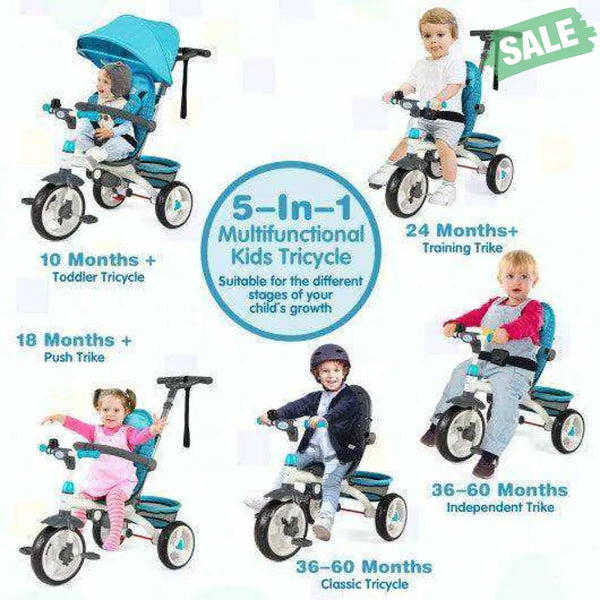 5-in-1 Detachable Baby Stroller Tricycle with Round Canopy-Blue Blue Baby Strollers