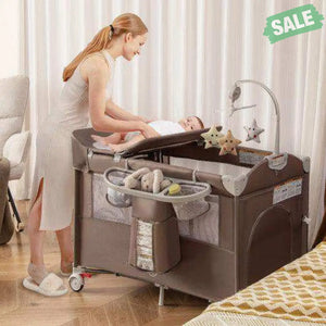 5-in-1 Portable Baby Beside Sleeper Bassinet Crib Playard with Diaper Changer-Beige Gray Baby Playpen & Playards