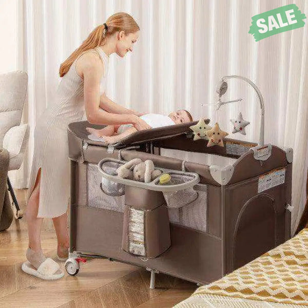5-in-1 Portable Baby Beside Sleeper Bassinet Crib Playard with Diaper Changer-Beige Gray Baby Playpen & Playards