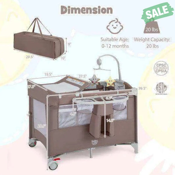 5-in-1 Portable Baby Beside Sleeper Bassinet Crib Playard with Diaper Changer-Beige Gray Baby Playpen & Playards