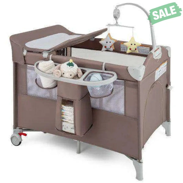 5-in-1 Portable Baby Beside Sleeper Bassinet Crib Playard with Diaper Changer-Beige Gray Baby Playpen & Playards