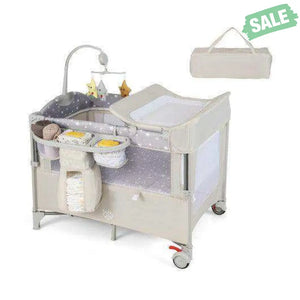 5-in-1 Portable Baby Beside Sleeper Bassinet Crib Playard with Diaper Changer-Beige Gray Baby Playpen & Playards