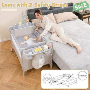 5-in-1 Portable Baby Beside Sleeper Bassinet Crib Playard with Diaper Changer-Beige Gray Baby Playpen & Playards