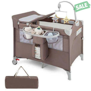 5-in-1 Portable Baby Beside Sleeper Bassinet Crib Playard with Diaper Changer-Beige Gray Baby Playpen & Playards