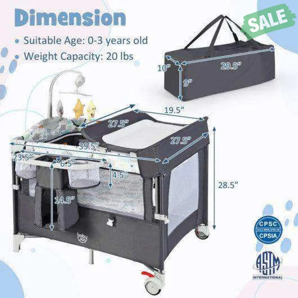 5-in-1 Portable Baby Beside Sleeper Bassinet Crib Playard with Diaper Changer-Beige Gray Baby Playpen & Playards