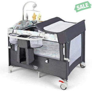 5-in-1 Portable Baby Beside Sleeper Bassinet Crib Playard with Diaper Changer-Beige Gray Baby Playpen & Playards
