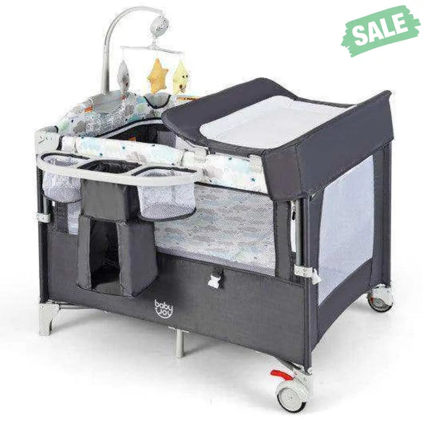 5-in-1 Portable Baby Beside Sleeper Bassinet Crib Playard with Diaper Changer-Beige Gray Baby Playpen & Playards